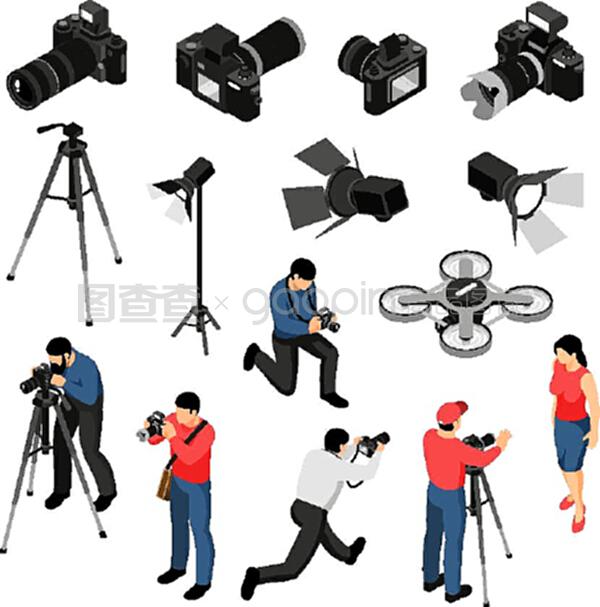 专业摄影器材等距图标收藏与工作室肖像照片拍摄相机轻型无人机隔离矢量插图。
